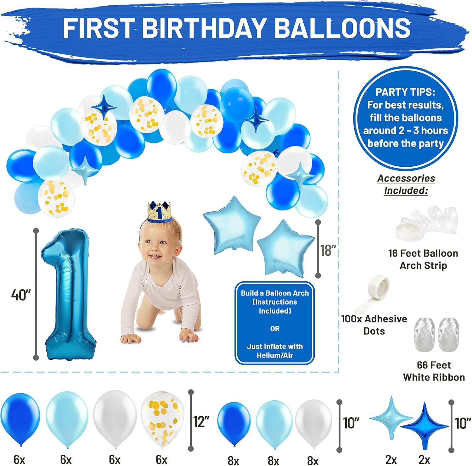 Baby Boy 1st Birthday Decorations With Birthday Crown - First Birthday Boy Decorations - Cake Smash Party Supplies - Happy Birthday and HighChair One Burlap Banner, Number One Balloon, Cake Topper.