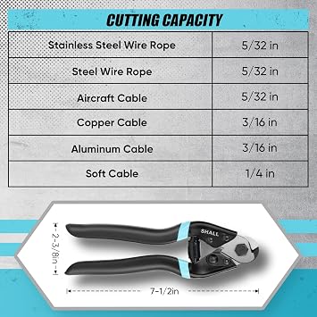 SHALL Cable Cutter, 7-1/2 inch Wire Rope Cutter Heavy Duty for Cuttng Up to 5/32, Chrome Vanadium Steel Jaw for Hard Wire Ropes, Steel Wires, Aircraft Cables, Railing, Metal Fence, Bike Bicycle Brake