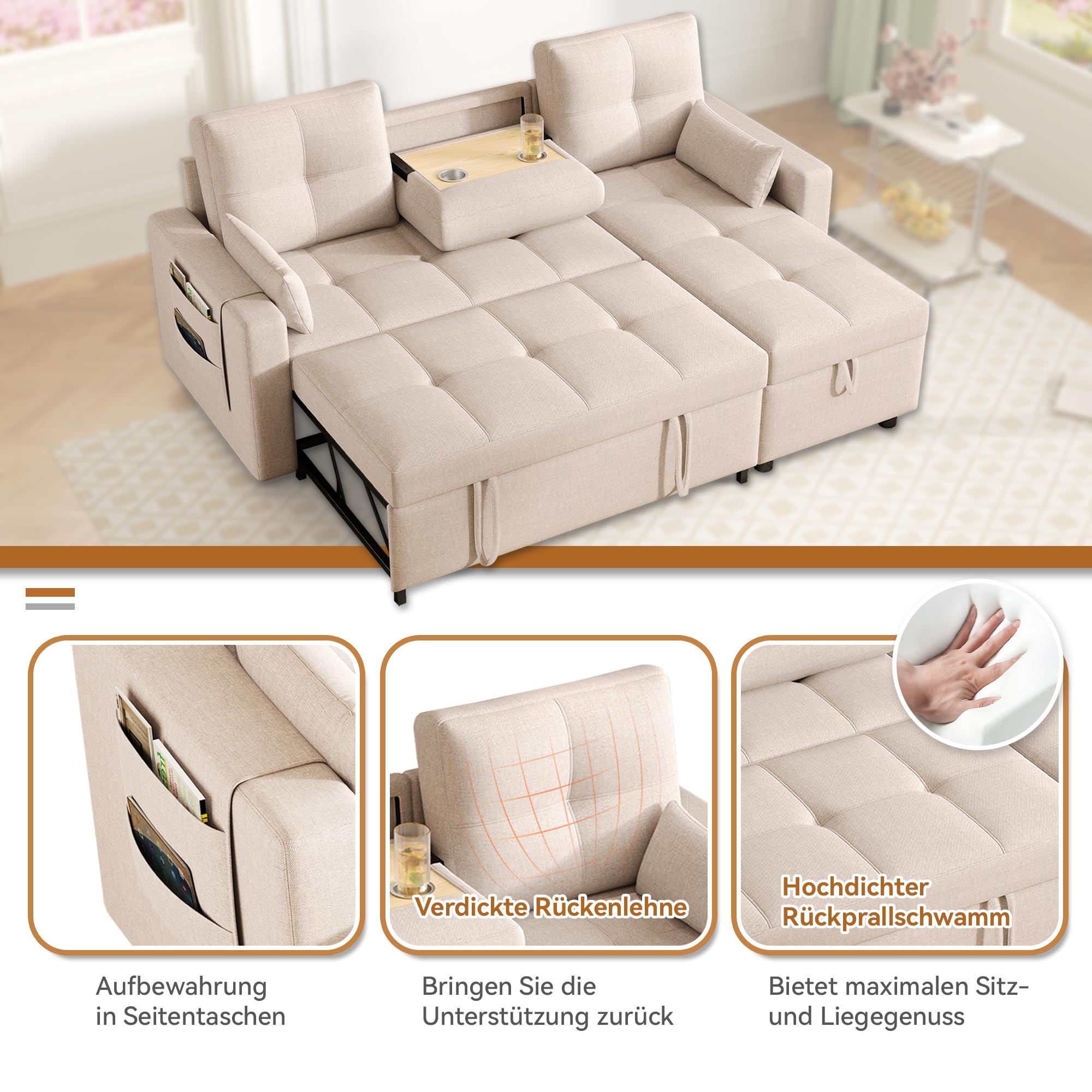 Divano moderno a forma di L, divano letto modulare, divano letto estraibile con funzione letto, dotato di spazio di archiviazione, portabottiglie estraibile, tessuto di lino (Beige - 3 posti)