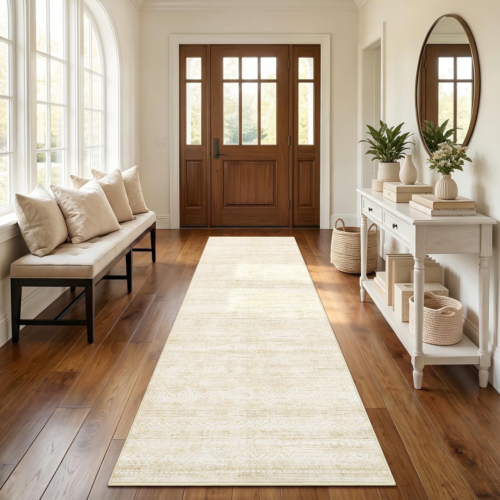 FairyStyle Boho Geometric Striped Beige 60 x 180 cm Washable Runner Rug, Faux Wool Low-Pile Non-Slip Carpet with TPR Backing for Hallway, Entryway, Kitchen, Bedside and Laundry Room