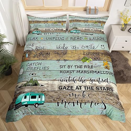 Juego de funda de edredón con reglas de campamento, tamaño Queen para niños, funda de edredón rústica para campamento (sin edredón), funda de