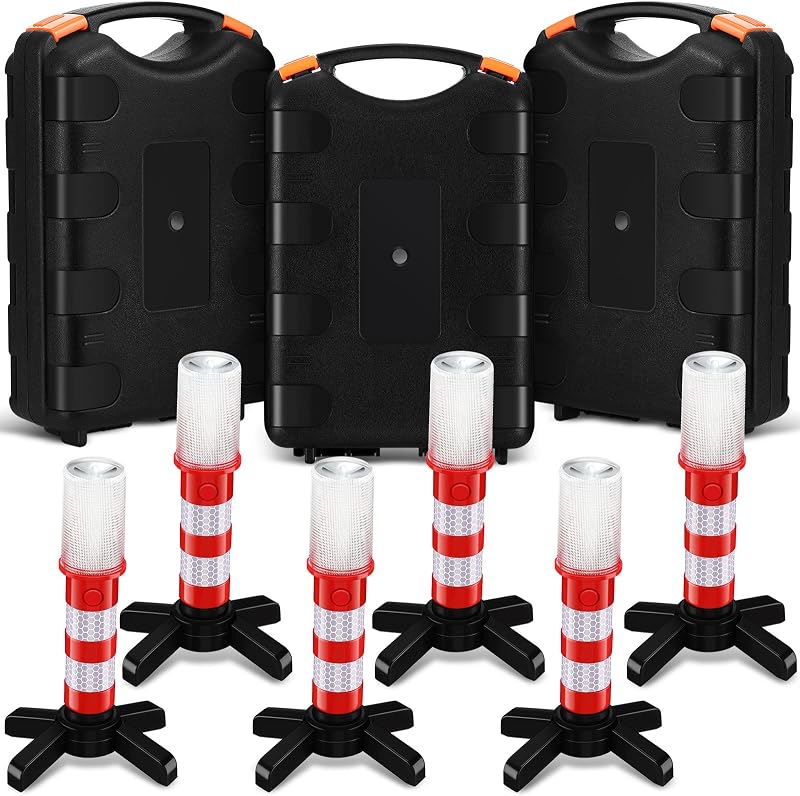 Riakrum 4 Pcs Emergency Roadside Flares Bulk Kit LED Safety Strobe Road Warning Light Bright Red Safety Beacon Strobe Light Roadside Flare Magnetic Base Detachable Stand Vehicle (Batteries Excluded)