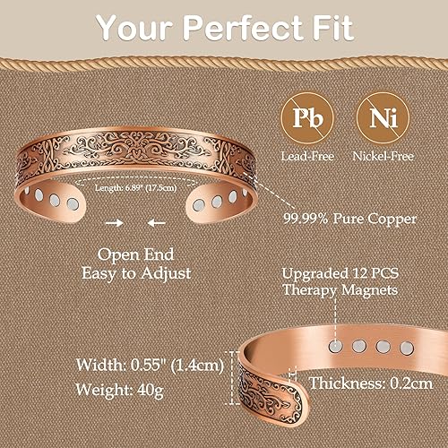 Miniatura 7 de Feraco Pulsera ancha de cobre para hombre, pulsera magnética mejorada de 12 veces más fuerza para hombres con 3800 imanes Gauss, joyería de cobre