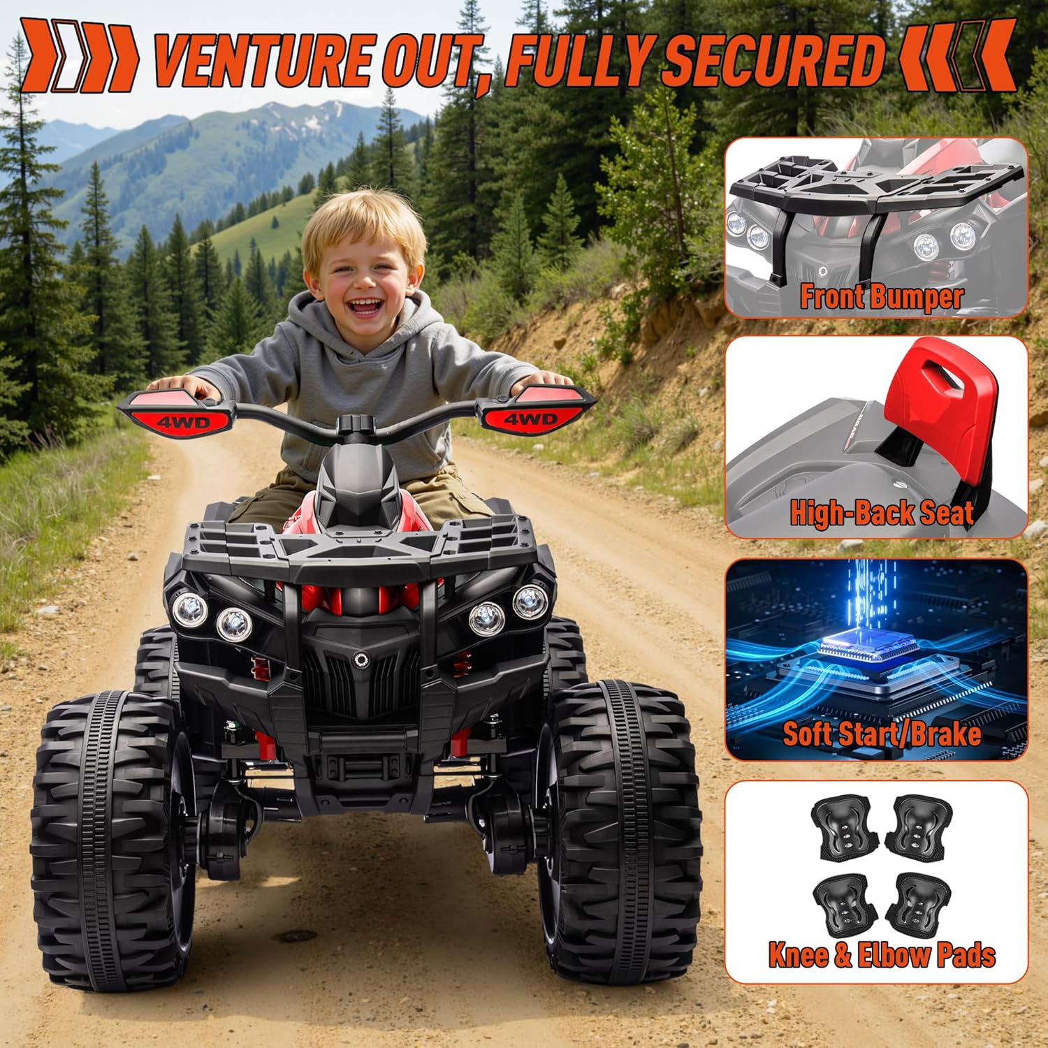 24V Kids ATV 4 Wheeler w/Remote Control, 9AH Battery Powered Electric Car w/ 3 Speeds, Shock Absorbers, Bluetooth, 2-Seater Quad for Kids Ages 3-8, Red
