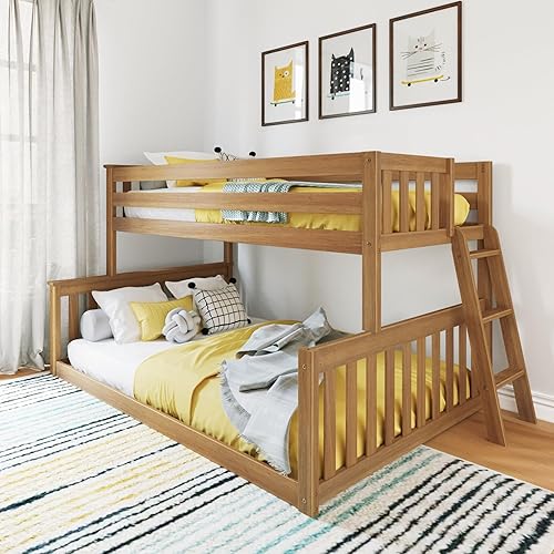 Twin Over Full Low Bunk with Angled Ladder on End, Pecan