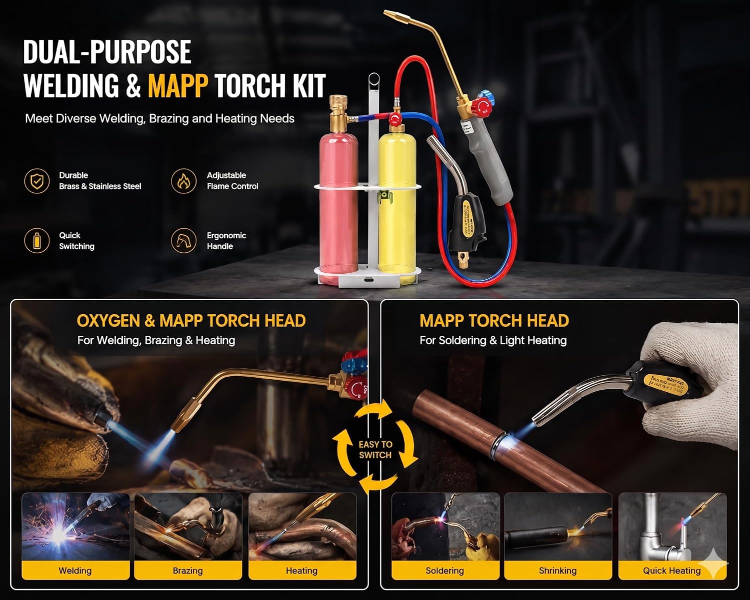 Oxygen MAPP Torch Kit for HVAC Brazing & Plumbing, Portable Welding Torch with Dual Modes, Precision Flame Control, MAPP Backup Torch Head, Cylinder Stand, Igniter & Goggles (Oxygen MAPP Torch Kit)
