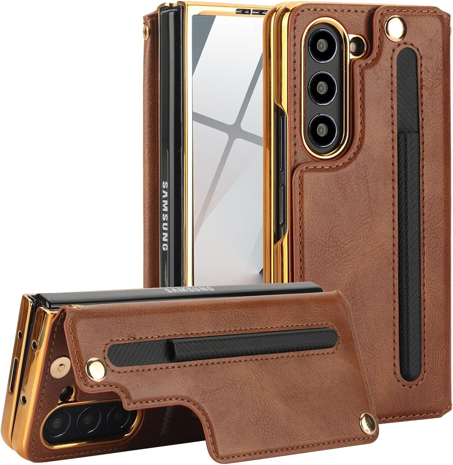 for Samsung Galaxy Z Fold 6 Wallet Case with S-Pen Holder and Credit Card Holder, Built-in Front Screen Flim Protector,Luxurious Leather Magnetic Clasp Kickstand.(Brown)