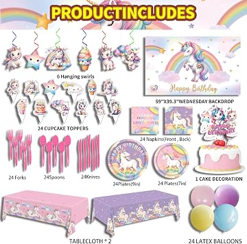 Unicorn Party Birthday Supplies - 220Pcs Unicorn Party Decorations Included Backdrop, Banner, Tablecloth, Hanging Swirls, Cupcake Toppers, Tableware, Paper Towel, Latex Balloons (BIG)