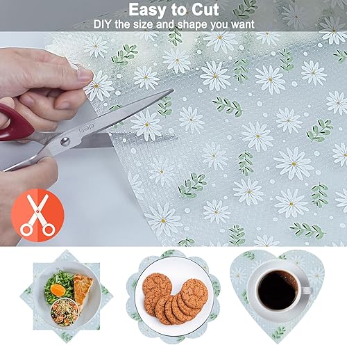 Miniatura 2 de Forro para refrigerador, estante y cajón para tapete de gabinete de cocina, no adhesivo, hojas y margaritas 17.7 x 78.7 pulgadas, 2 rollos