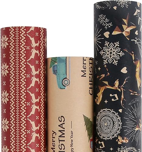 Miniatura 8 de Aimyoo Paquete de papel de regalo de Navidad de estraza azul, juego de papel de regalo de Navidad para niños, diseño de bastones de caramelo,