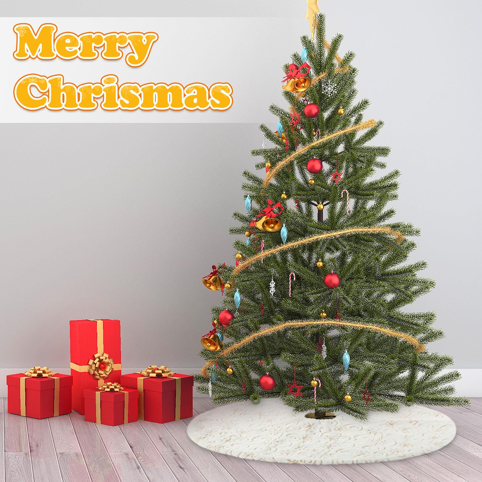 CITÉTOILE Weihnachtsbaum Rock Christbaumdecke Kunstfell Glitter Schneeflocke Rund Weihnachtsbaumdecke Fell Christbaumständer Teppich für Weihnachtsfeiertag Deko, Weißes Gold, S