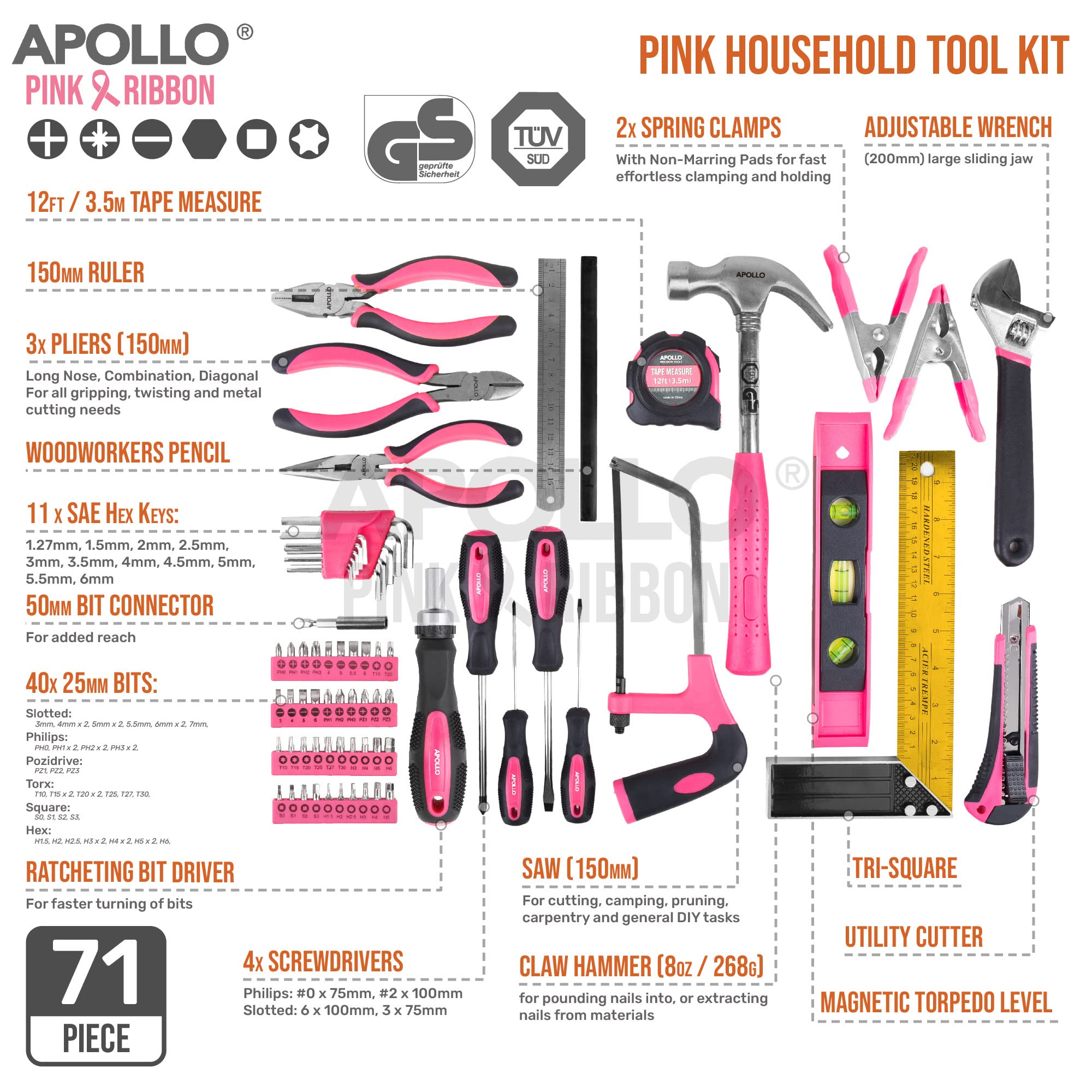 Apollo Kit di attrezzi rosa per la casa da 71 pezzi. Utensili manuali più comuni per riparazioni domestiche - Cacciaviti, Martello, Chiave, Pinze & altro in una Custodia