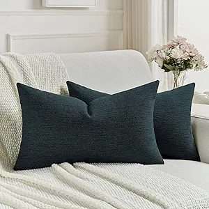 FUTEI Navy Blue Chenille Decorative Throw Pillow Covers 12x20 Inch Set of 2,Soft Cozy Faux Linen Textured Lumbar Pillow Cases,Farmhouse Home Decor for Couch Living Room