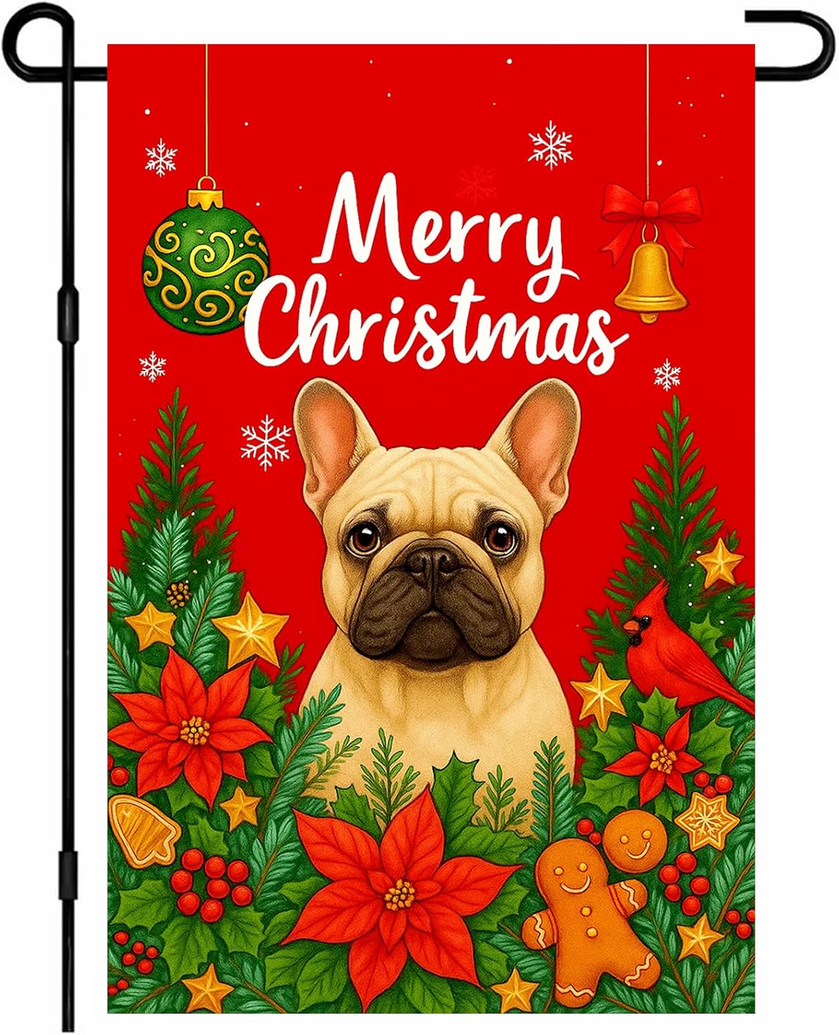 IVN Christmas Garden Dog Santa Flag 12x18 Inch Double Sided Winter French Bulldog Poinsettia Gingerbread Bell Snowflakes Christmas Decoratives Yard Flag for Outside Xmas Home Front Door Lawn Porch Patio Welcome Decor