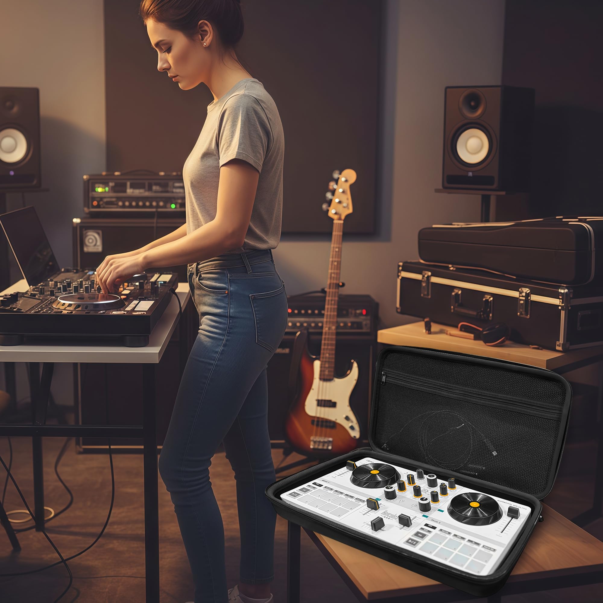 Musiin Étui pour manette de DJ compatible avec Hercules DJControl Mix Ultra, coque de protection rigide avec double fermeture éclair, poche en maille et poignée confortable pour DJ Live Show et voyage