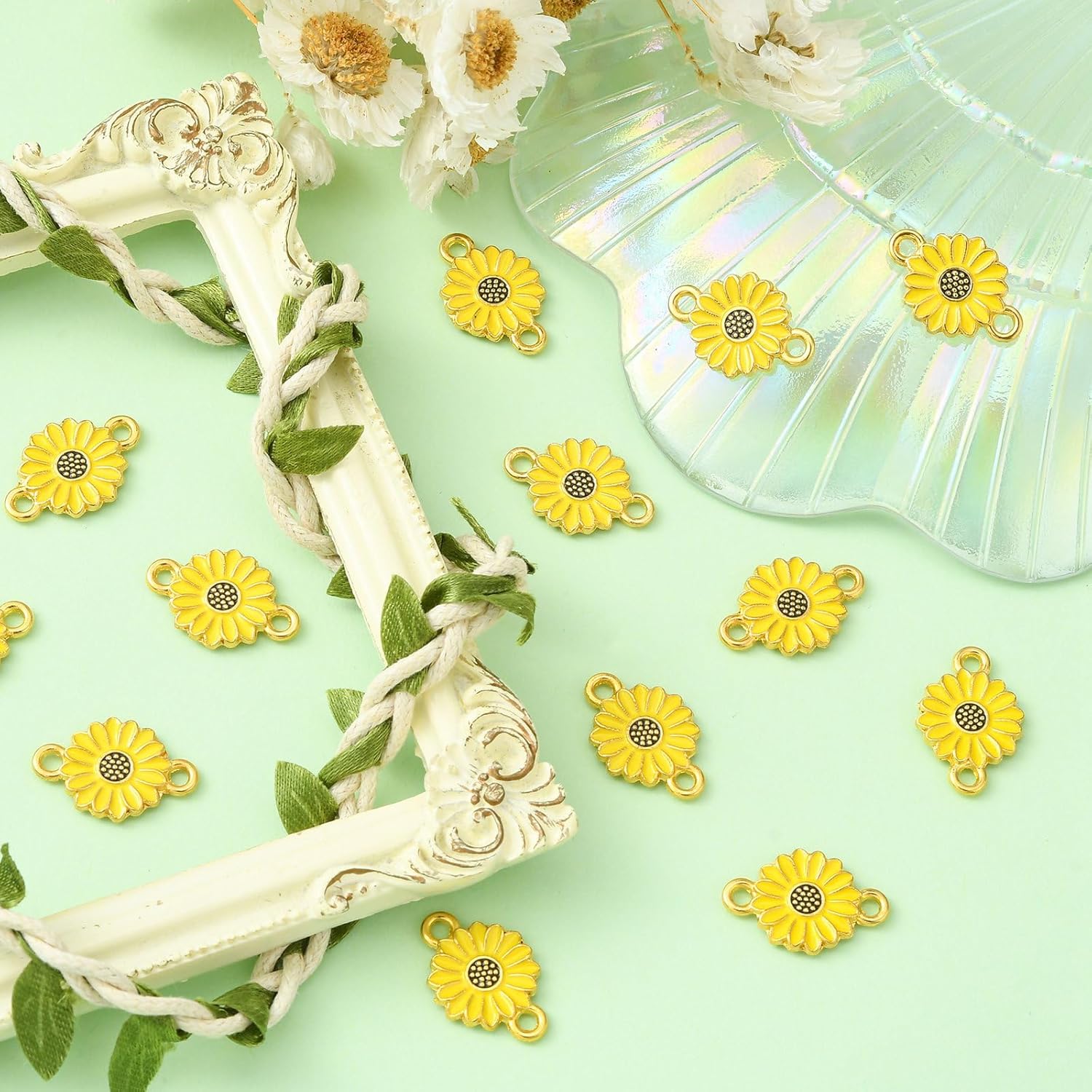LiQunSweet 100 Pcs Yellow Links Connectors Enamel Small Daisy Flower Charms for Jewelry Making Bracelet Earrings DIY Bulk