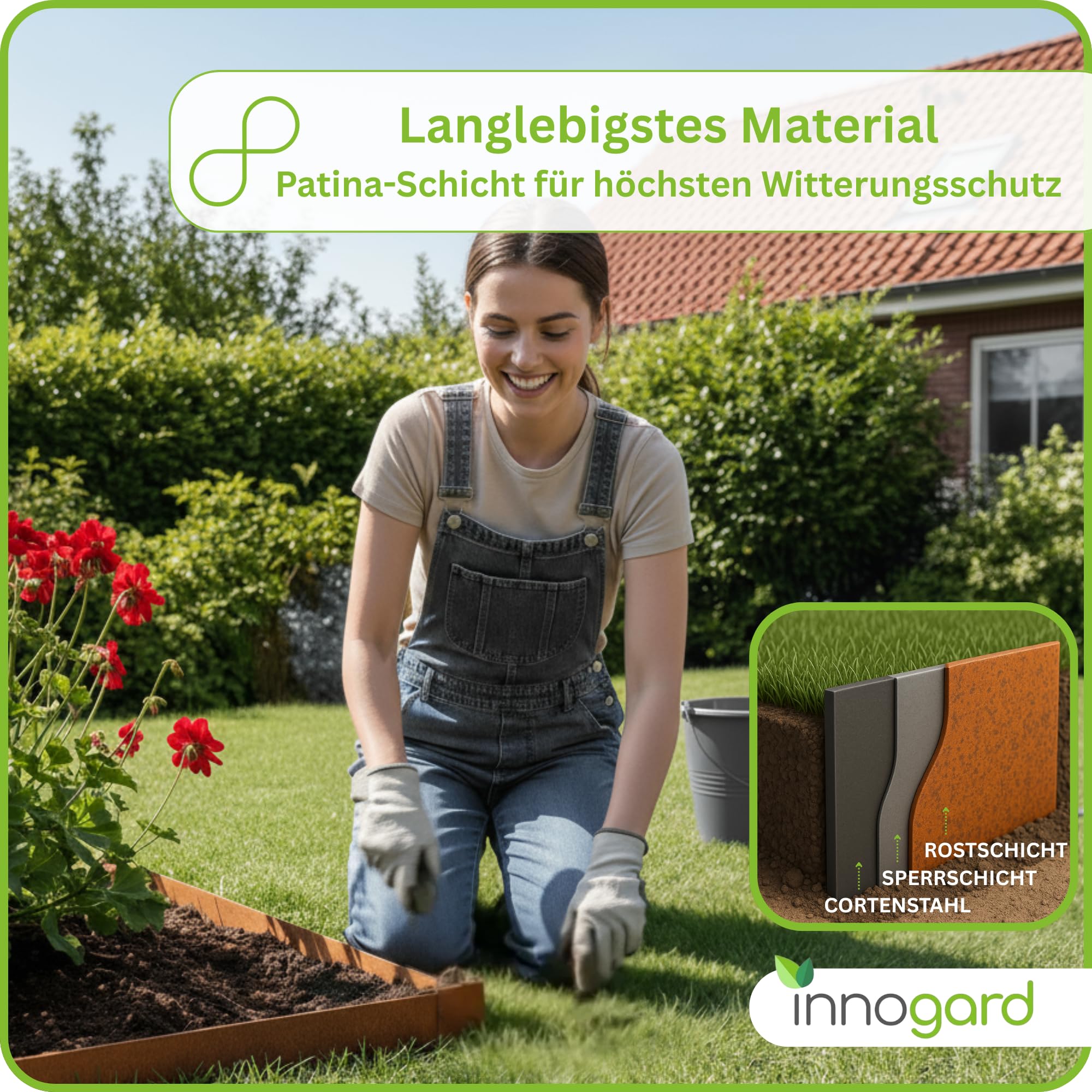innogard Rasenkante Cortenstahl L10m H20cm - Flexible Beeteinfassung 1 mm stark Rasenkantenband für Garten Beetbegrenzung Beetumrandung
