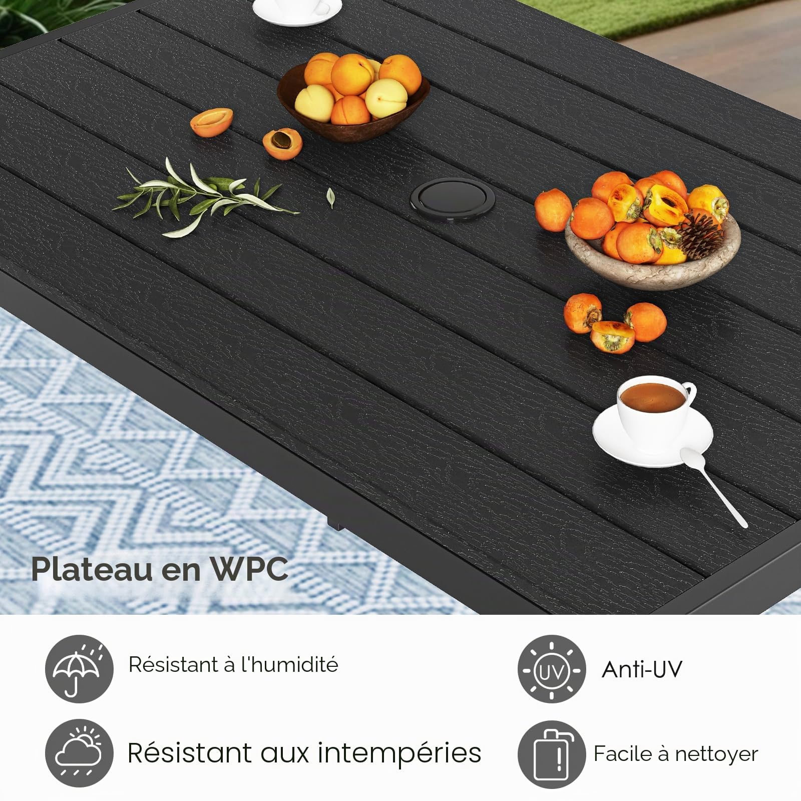 LIFERUN Table de Jardin avec Trou de Parasol, Table Extérieure 110 x 70 cm