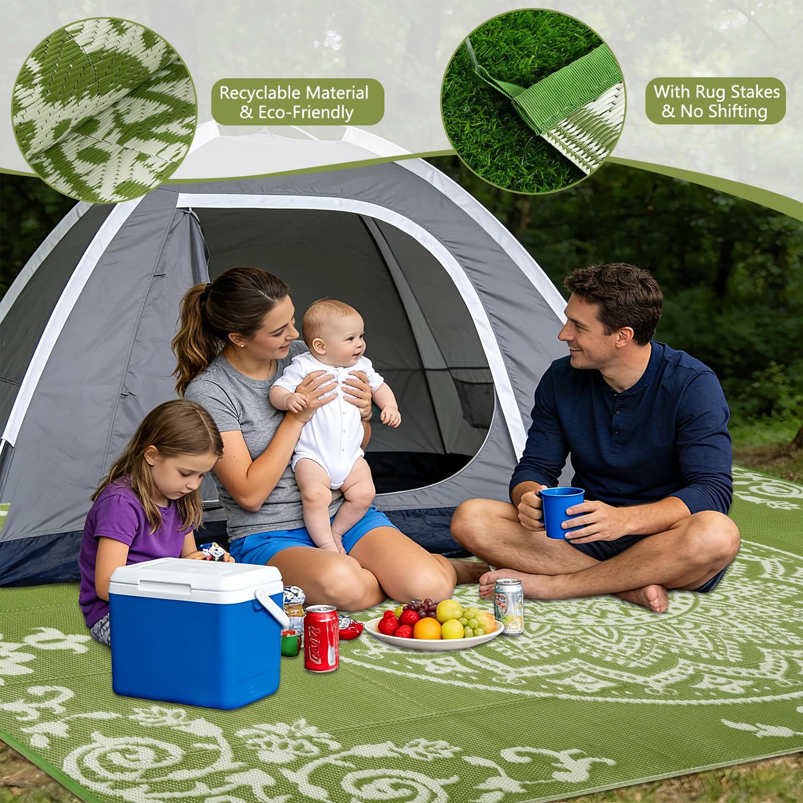 Homcomodar Tappeto per esterni, resistente alle intemperie, 180 x 270 cm, lavabile, in plastica, resistente ai raggi UV, per giardino, patio, balcone, terrazza, barbecue, piscina, cortile (erba)