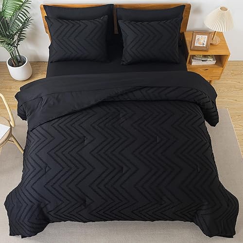 Miniatura 5 de Litanika Juego de edredón negro tamaño Queen con sábanas, 7 piezas de cama en una bolsa, juego completo de ropa de cama con edredón, sábanas, fundas