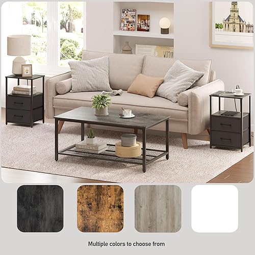 Miniatura 6 de TUTOTAK Mesa auxiliar con estación de carga, mesita de noche, mesa auxiliar con 2 puertos USB y tomacorrientes, mesita de noche con cajón de tela,