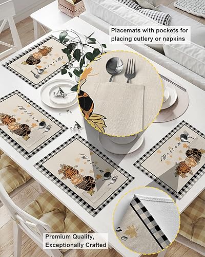 Miniatura 8 de Juego de 2 manteles individuales para mesa de comedor, color marrón y gris, manteles individuales de cocina de lino de algodón con bolsillo, tapete