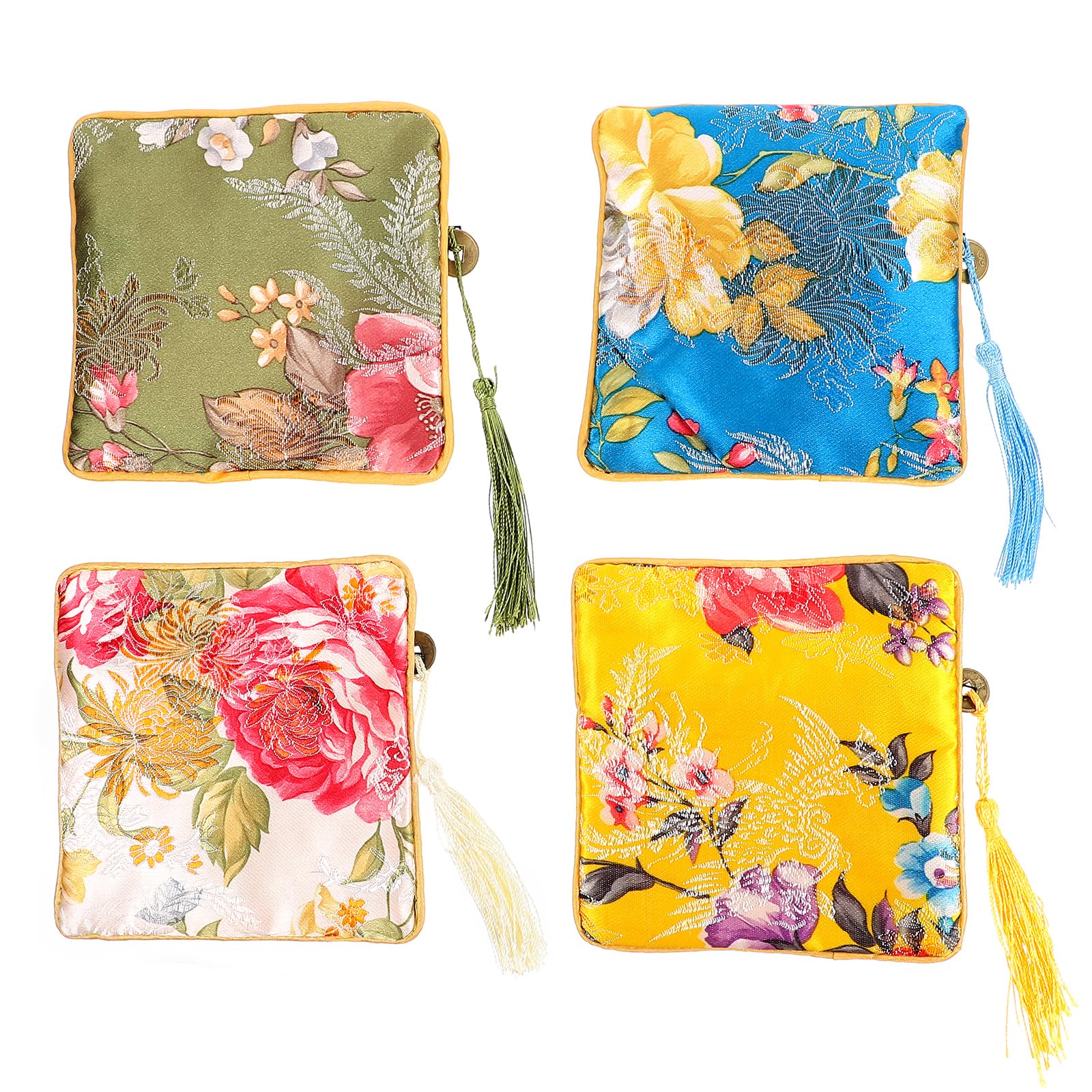 LUOZZY 4 Pcs Chinese Embroidery Storage Pouch With Zipper Vintage Embroidered Flowers Pattern Jewelry Organiser with Tassel Portable Jewelry Carrying Bag for Women Girls