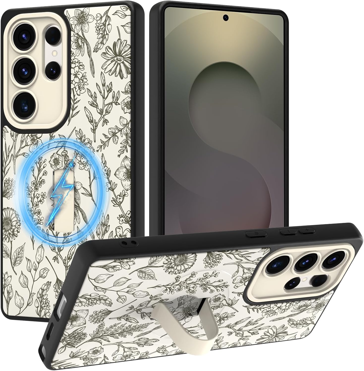 SOKAD Magnetic Sage Floral Case for Samsung Galaxy S25 Ultra with Finger Strap Kickstand, Compatible with Magsafe, Vintage Flower Designed for Women Men, Full Camera Protection Cover, Beige
