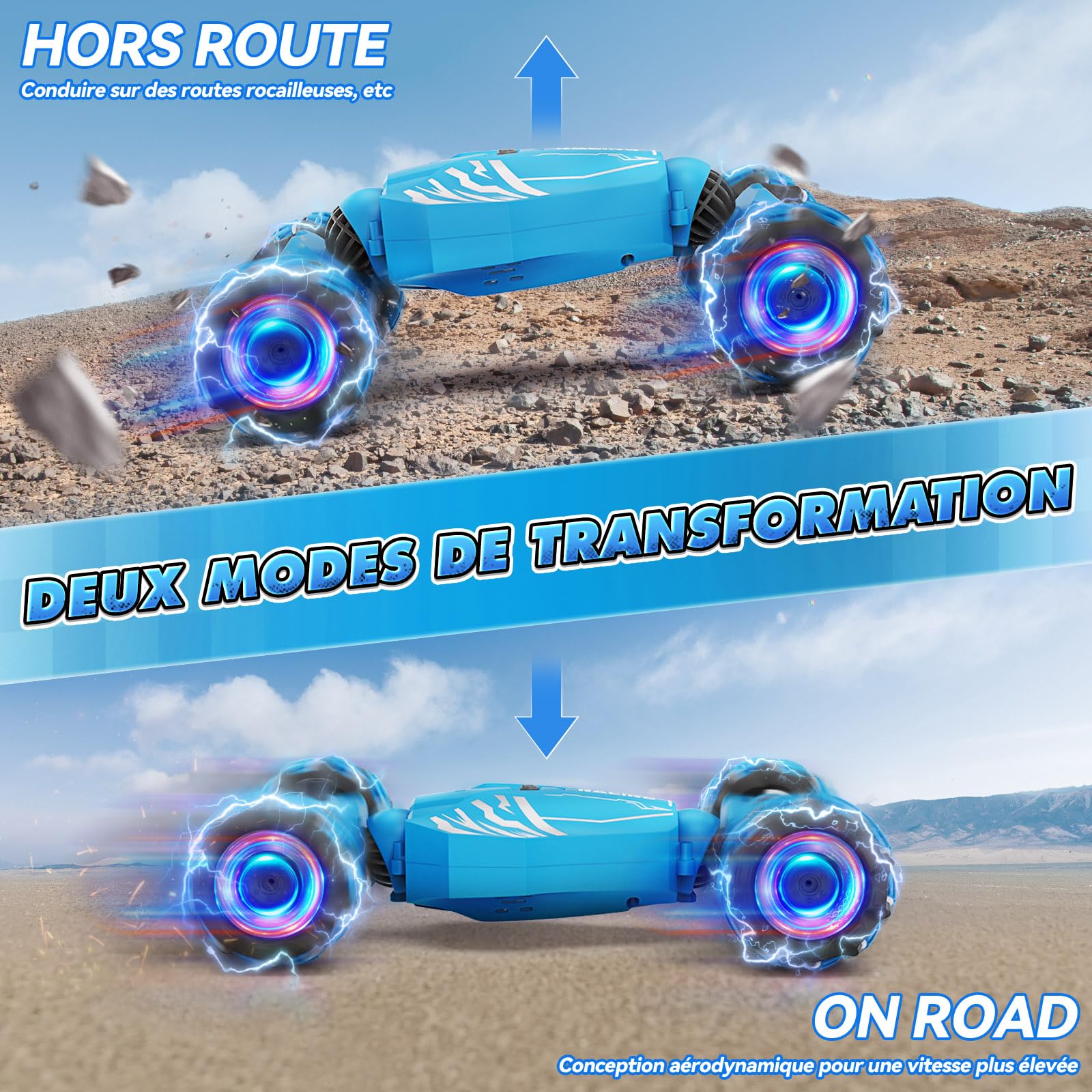 Dysaim Voiture Télécommandée Tout Terrain, 4WD Voiture Télécommandée avec la Main, 2,4Ghz 360° Rotation RC Stunt Car Musique Lumière et Spray, Cadeaux pour Garçons Filles Enfants 6 8 10 12 Ans, Bleu