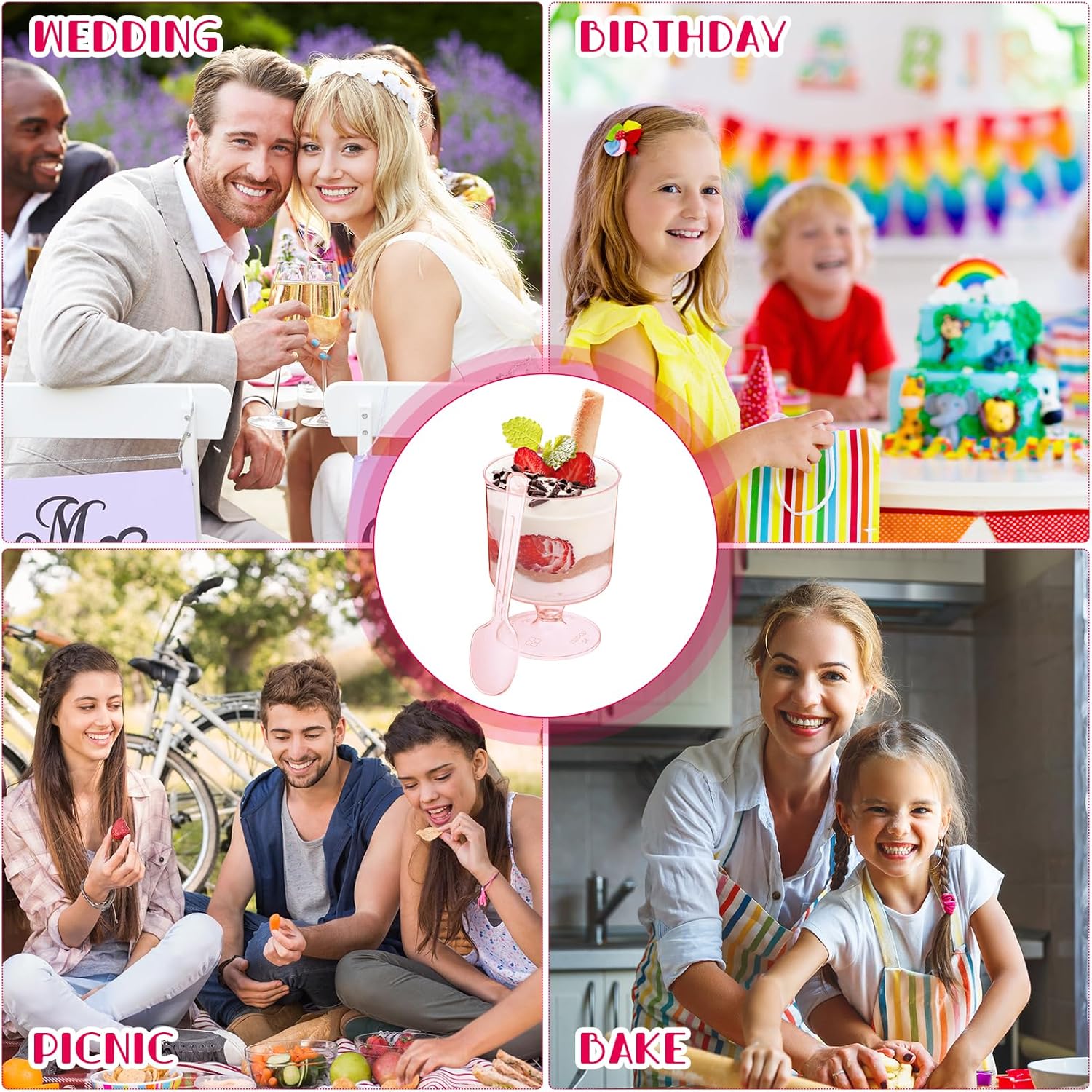 Nuogo 200 Pcs 5oz Mini Dessert Cups with Spoons Bulk 100 Pcs Clear Small Parfait Appetizer Cup with 100 Spoons Disposable Plastic Dessert Goblets for Summer Party Pudding Ice Cream(Pink Color)