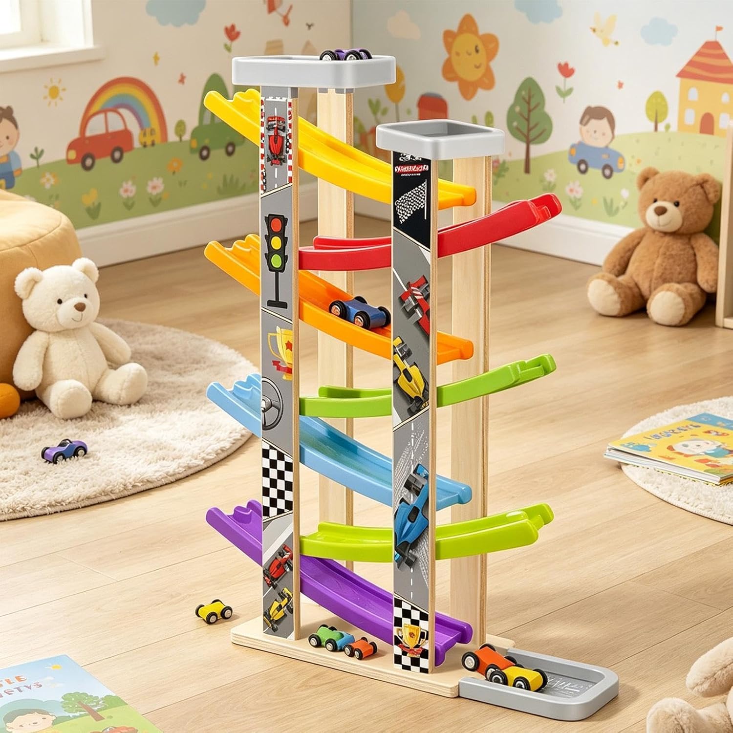 Race Track for Kids - with Parking Lot Wooden Learning Games | Car Ramp Track Set for Kids - for Boys Girls Indoor Outdoor Home School Preschool Playroom Garden Birthday Party