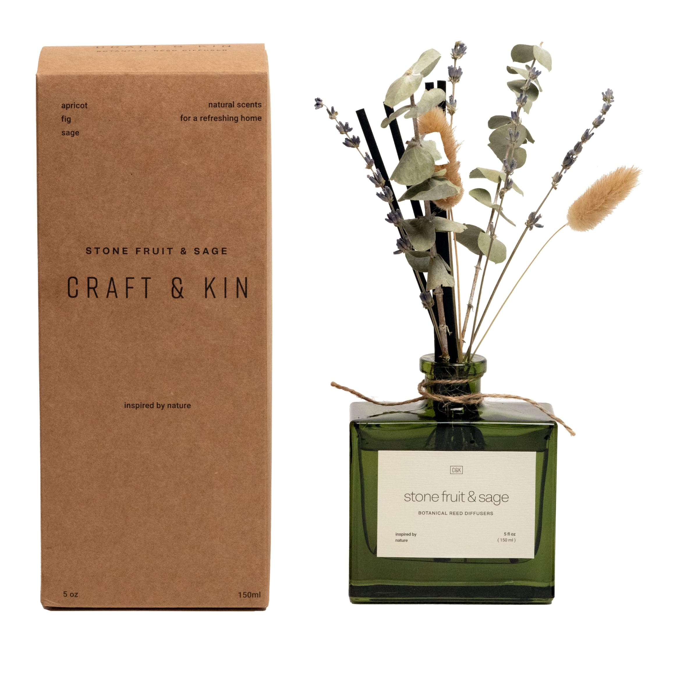 Craft & Kin Christmas Reed Diffuser with Dried Flowers | 5 oz Stone Fruit & Sage​​ Scented Holiday Reed Diffusers for Home, Bathroom | Scent Sticks | Elegant Fragrance Home Decor for Men & Women