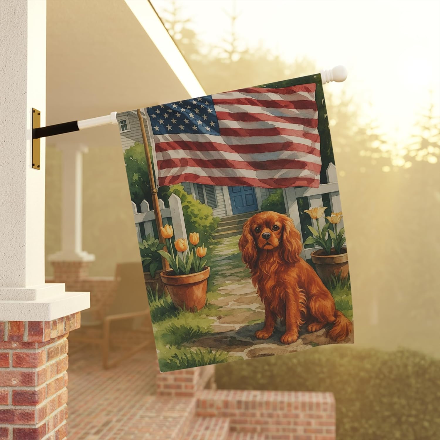 PUDDINFLAGS Ruby King Charles Cavalier Spaniel Garden Flag, 4th of July, US Flag Yard Outside Decor, Patriotic Housewarming
