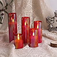 Vista 5 de Eywamage - Juego de 5 velas de vidrio sin llama, rojas, de Navidad, con control remoto, baterías incluidas, velas LED parpadeantes, delgadas