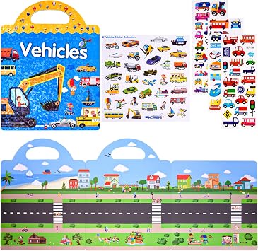 ASTARON Reusable 3D Puffy Sticker Book for Kids, 88 Pcs Cute Waterproof Vehicles Stickers, Puffy Sticker Game Travel Stickers and Educational Sensory Learning Toy 3-6 Age