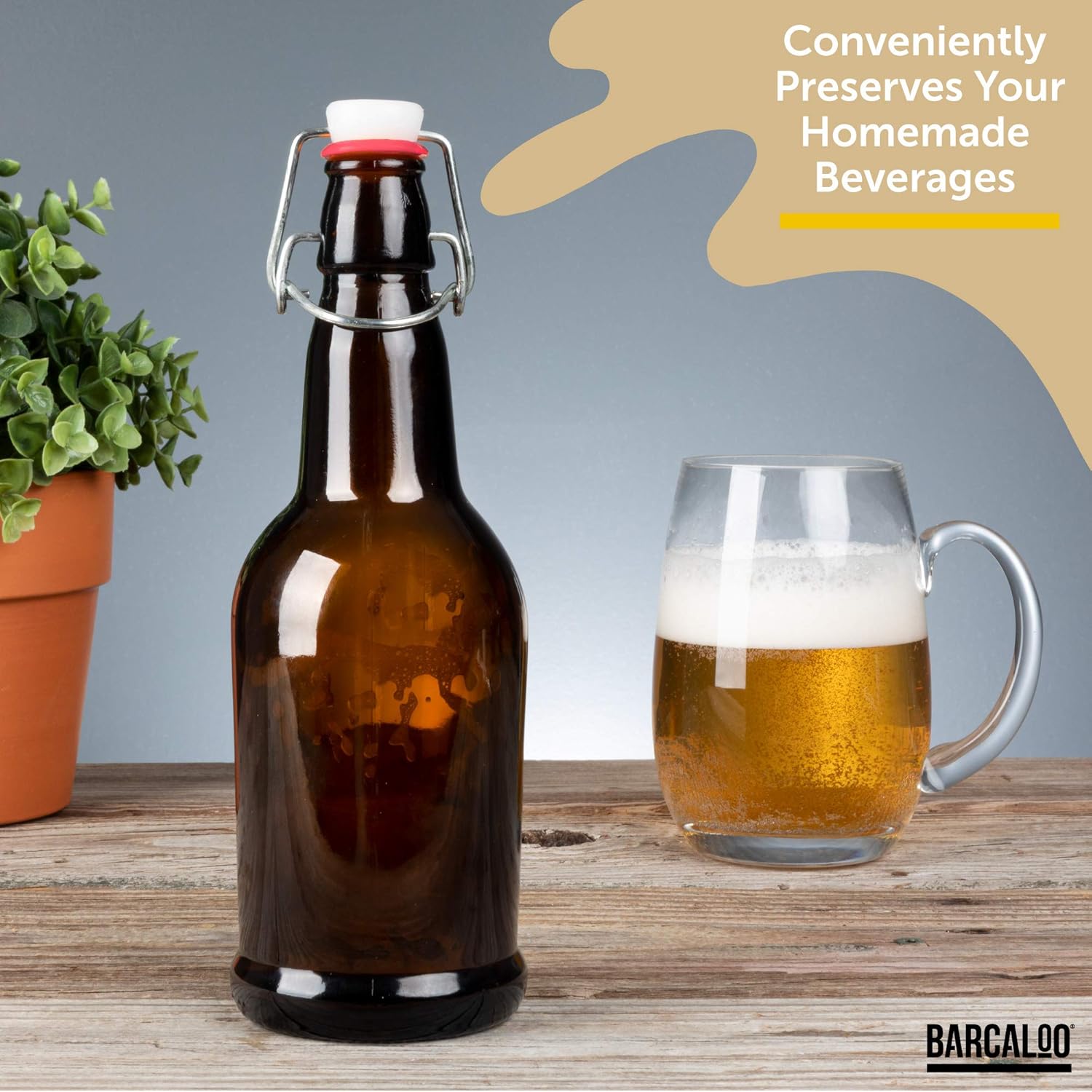 Barcaloo 16oz Amber Glass Beer Bottles for Home Brewing - 12 Pack with Flip Caps - Family Owned American Brand