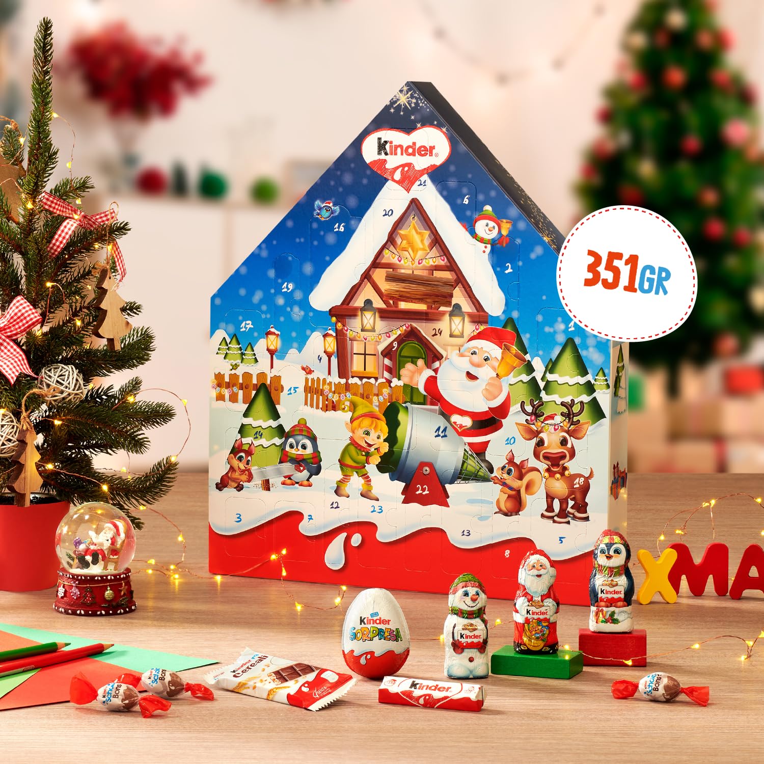 Kinder Chalettone - Calendario Avvento 2023, 30 Cioccolatini e Snack Assortiti Kinder, con Speciale Videomessaggio da Babbo Natale, Idea Regalo, Confezione da 351 gr