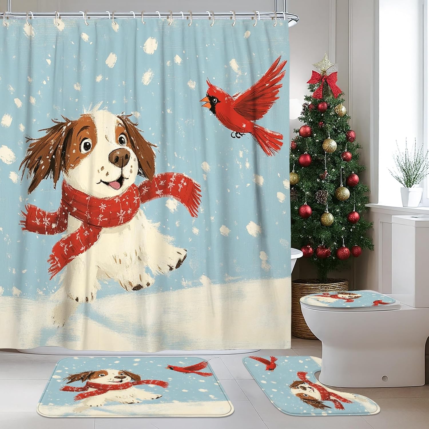 4PCS Winter Christmas Springer Spaniel Dog Bathroom Accessory Sets with Non-Slip Rug, U Shape and Toilet Lid Cover Mat, Cute Kid Xmas Puppy Bathroom Decorative-72''x72''