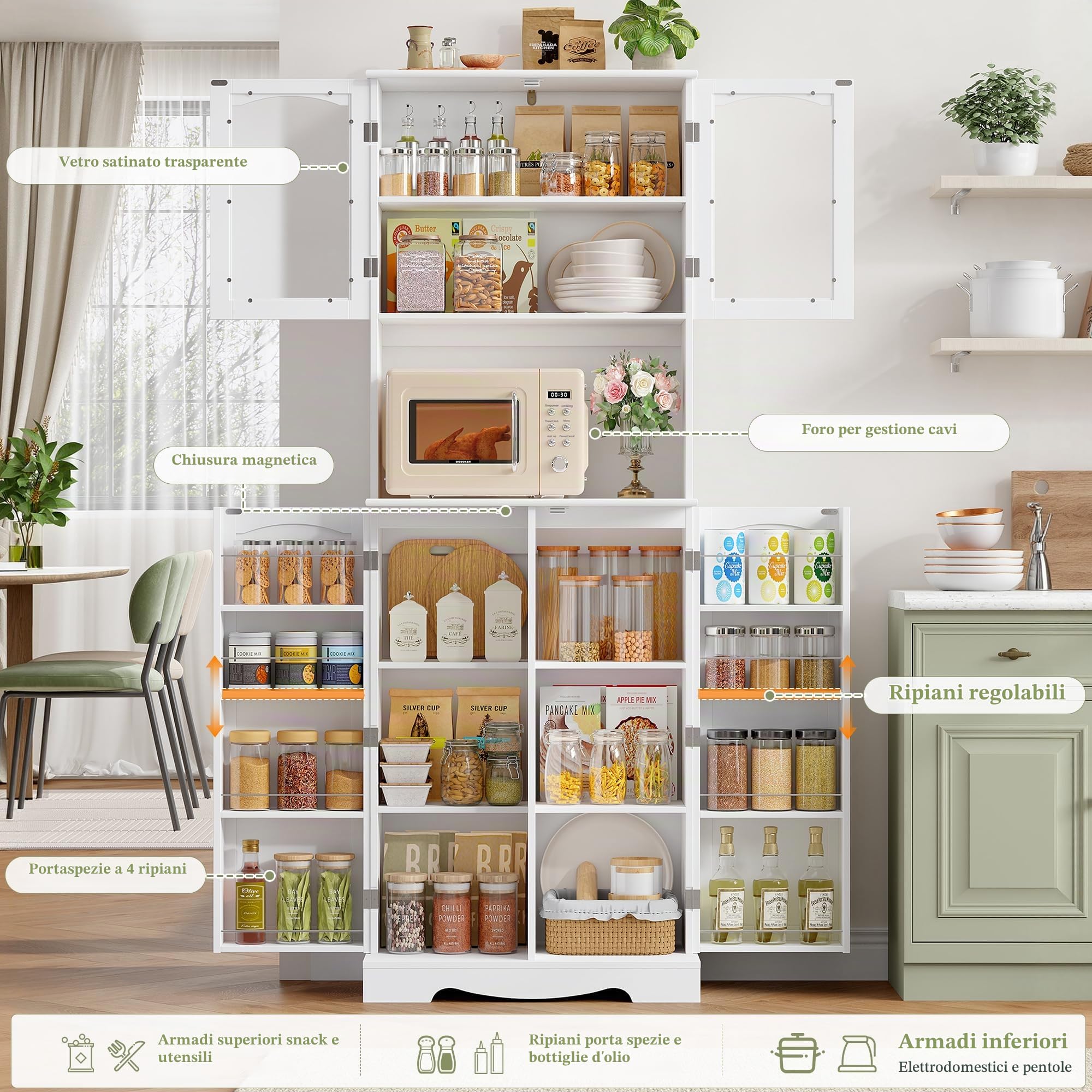 Credenza Cucina Alta, Mobile Cucina con Scaffali Portaspezie Bianco | Mobile Dispensa Cucina con 3 Ripiani Regolabili, Salvaspazio, piano di lavoro, 8 Scomparti e 4 Ante, per Cucina, Soggiorno