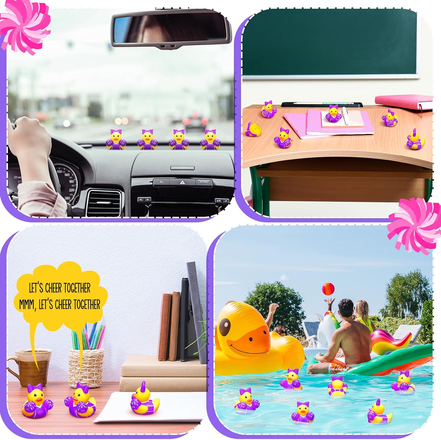 MiniInflat 12 Pcs Cheer Team Gifts Bulk Cheerleader Mini Rubber Ducks with Bows Cheer Party Favors Ducks Cheerleading Competition Gifts Accessories Goodie Bags Stuffers Party Decorations (Purple)