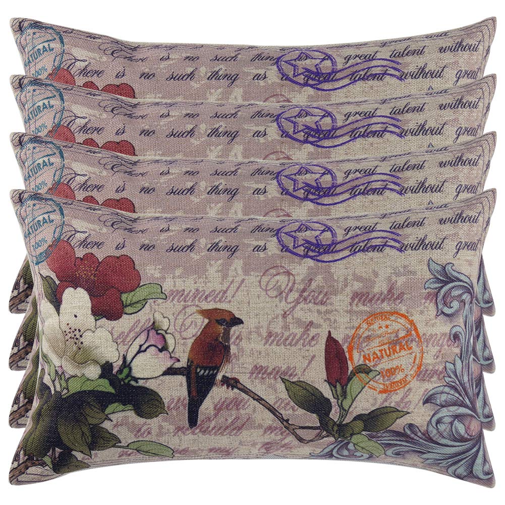 Cotton linen pillowcase pillow cushion natural flower and bird retro pattern wear-resistant washable antibacterial breathable sofa home decoration (4PCS)