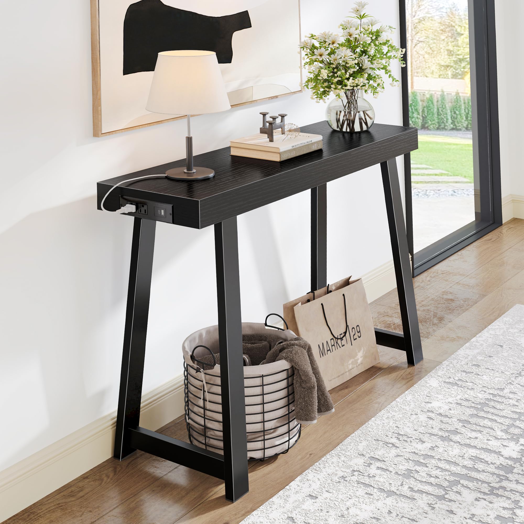 huuger entryway console table with charging station, usb-c port, 39.4 inch sofa table with metal legs, entry hallway table with thicker desktop, modern behind couch table, black