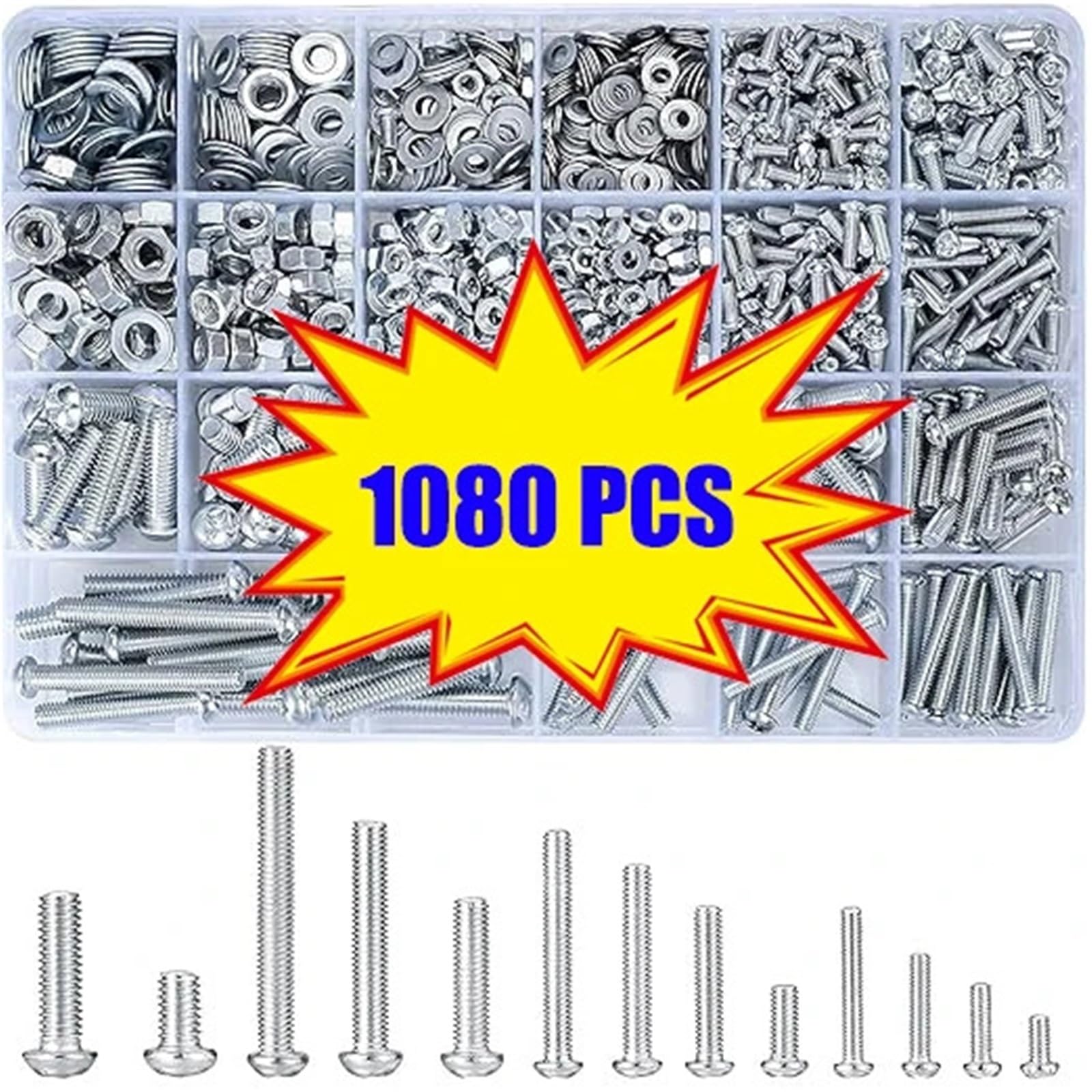 Vis Boulons Et Écrous Kit Kit d'assortiment de vis, boulons et écrous, à métaux métriques, rondelles plates, M3/M4/M5/M6, 1080 pièces