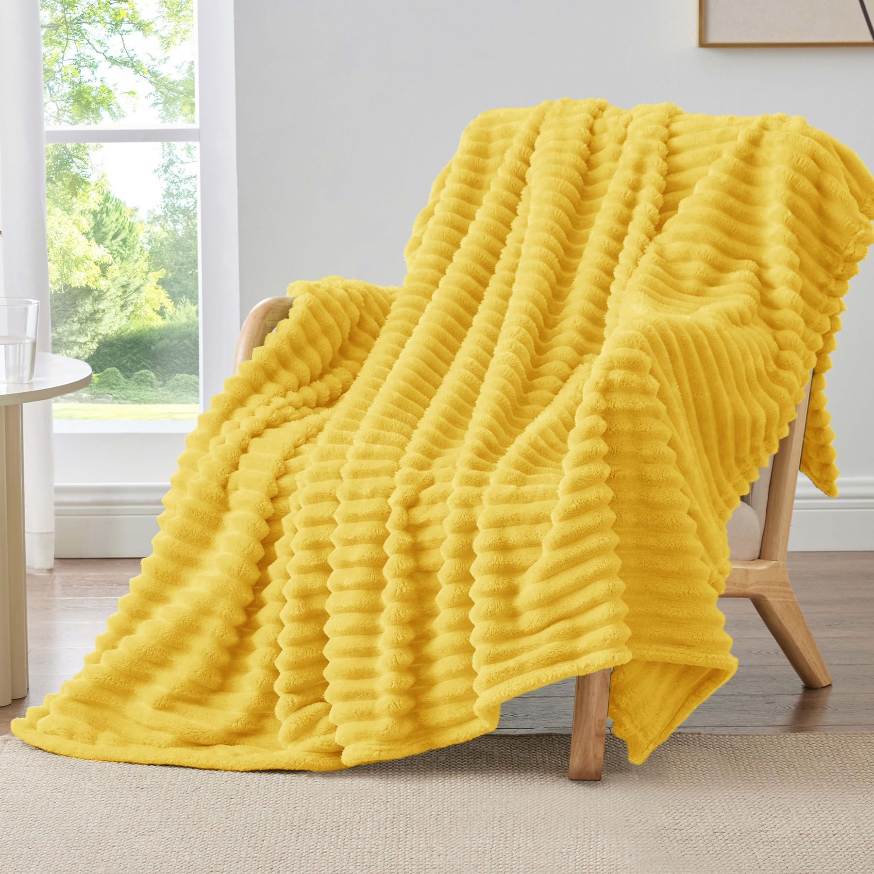 BEDELITE Fleece Throw Blanket for Couch - 300GSM Soft & Warm Fluffy Yellow Blanket, Decorative and Giftable Striped Blankets for Women, Men, 50"x60"