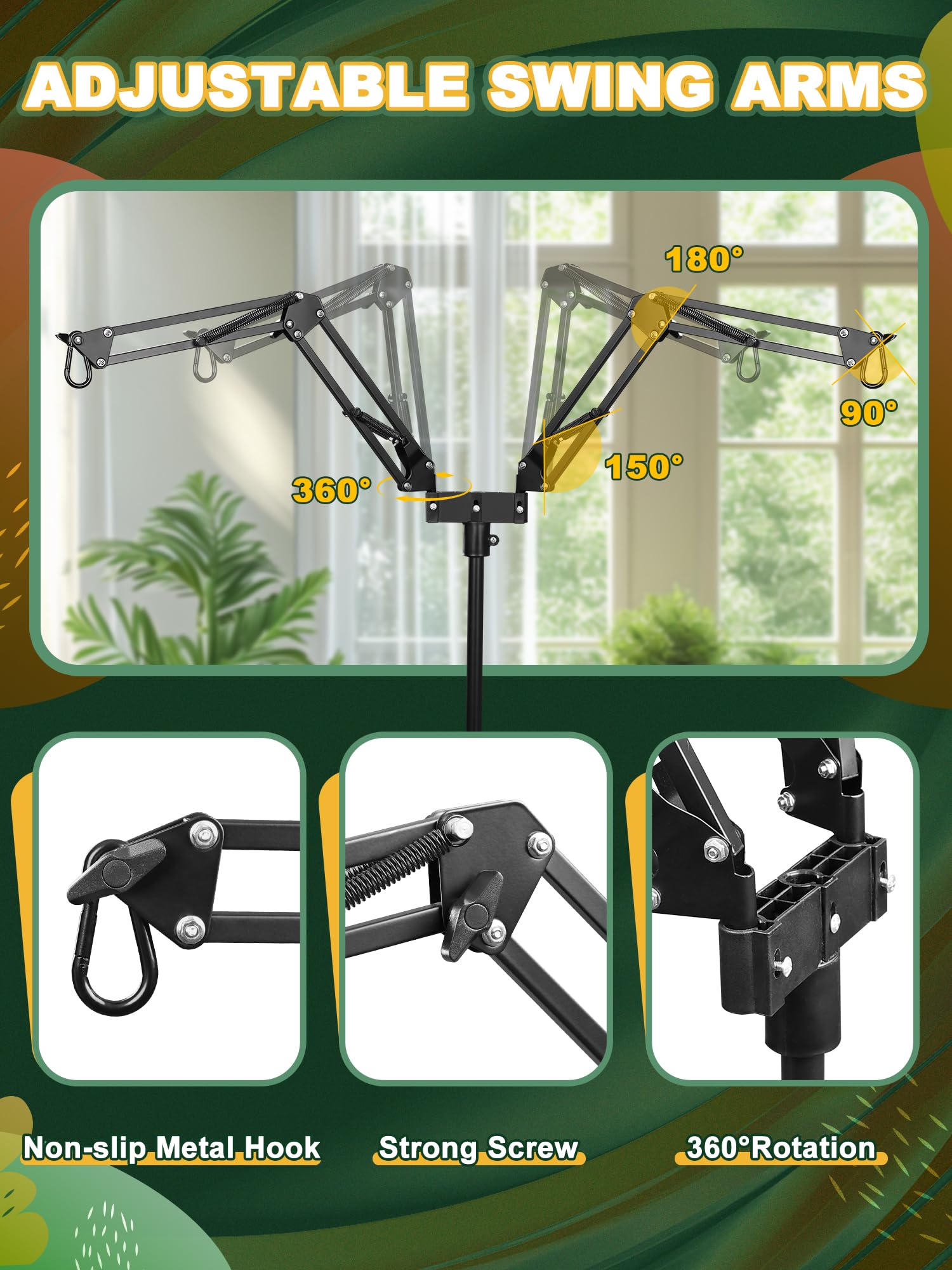 Soporte doble para lámpara de reptil, soporte de lámpara de calor (15.7 a 74.3 pulgadas) con 2 brazos oscilantes ajustables de 360° para terrario, soporte de lámpara de calor de reptiles para