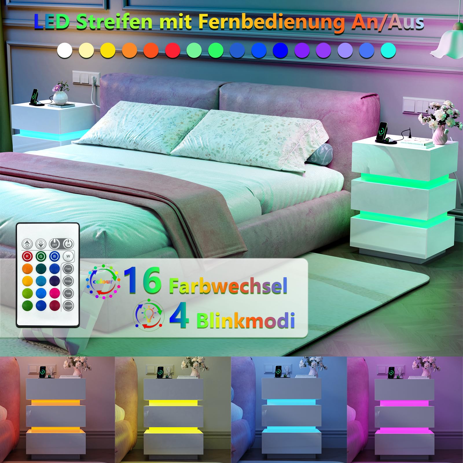 Comodino Moderno Con Luci LED - 3 Cassetti, Bianco, 40x35x55 Cm, Per Camera Da Letto - Foto 4