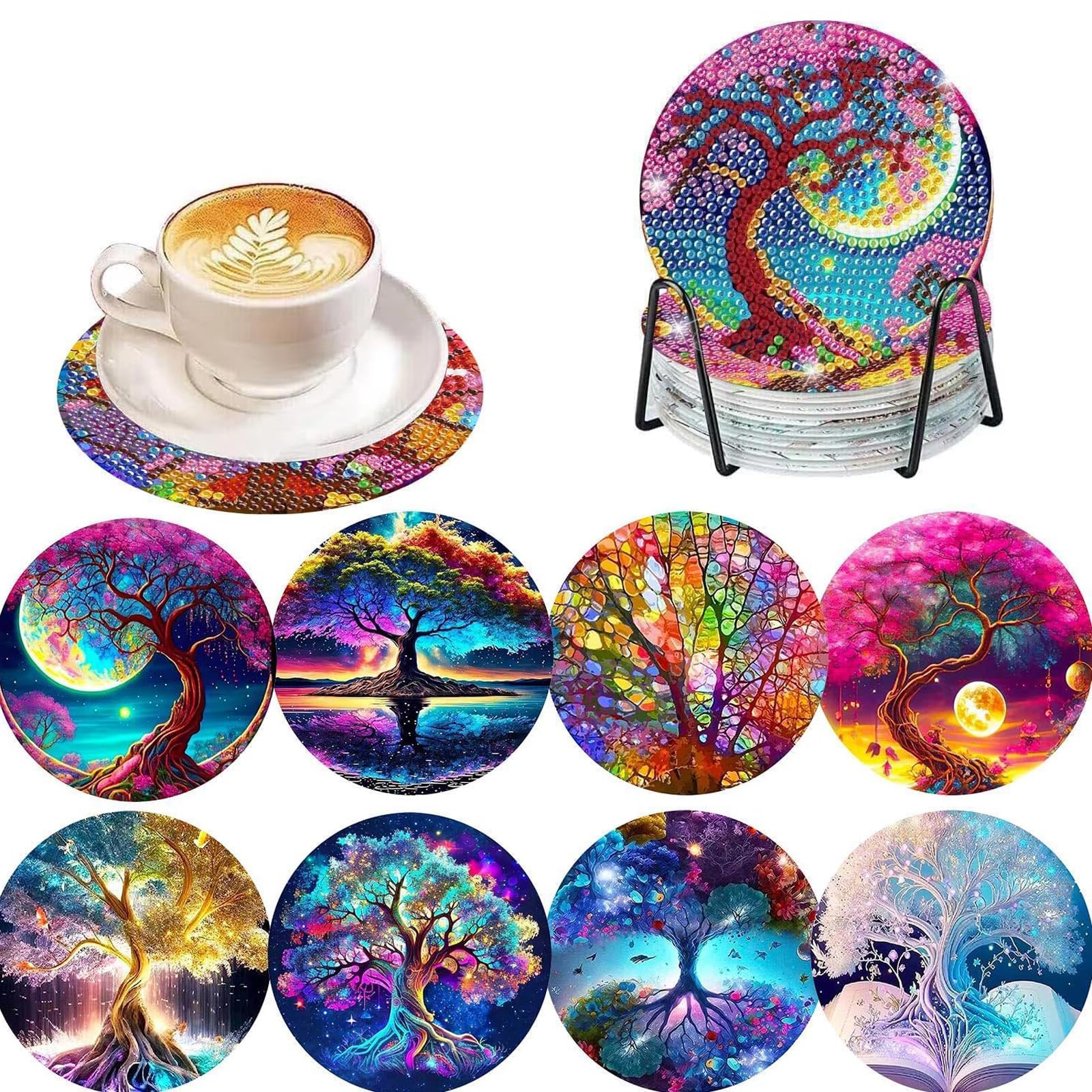 8 Piezas Posavasos Pintura Diamante con Soporte, DIY Mandala Diamante Pintura Posavasos, Flor de la Vida Diamond Painting Adecuado para Tazas, Copas de Vino, Estudio, armarios