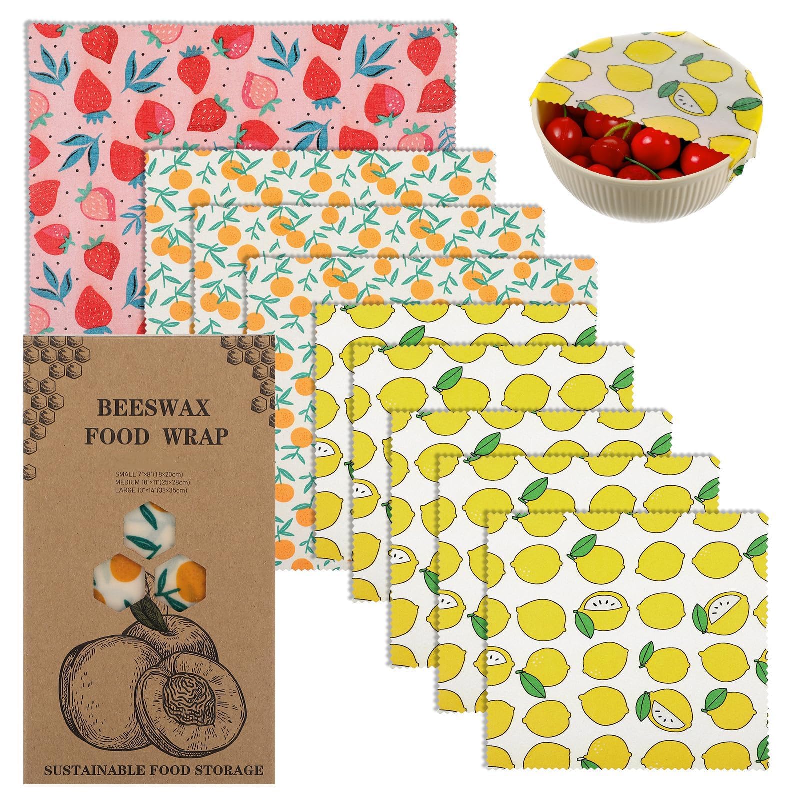 9Pcs Reusable Beeswax Wraps for Food Eco-Friendly Beeswax Food Wraps Bread Sandwich Wrapper Organic Sustainable Zero Waste Plastic-Free Food Storage Wrap for Cheese Fruit Sourdough Bread Snacks