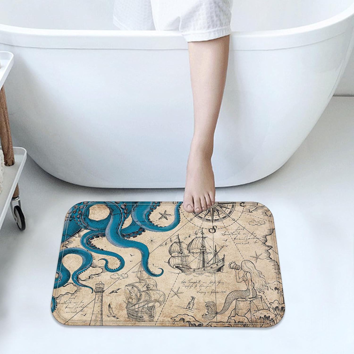 Fungarth Vintage Nautical Octopus Bathroom Rugs Mat Navy Blue Ocean Kraken Mermaid Bath Rug Water Absorbent Non Slip Shower Mat Anchor Coastal Map Memory Foam Bath Mats for Bathroom Decor 32×16In