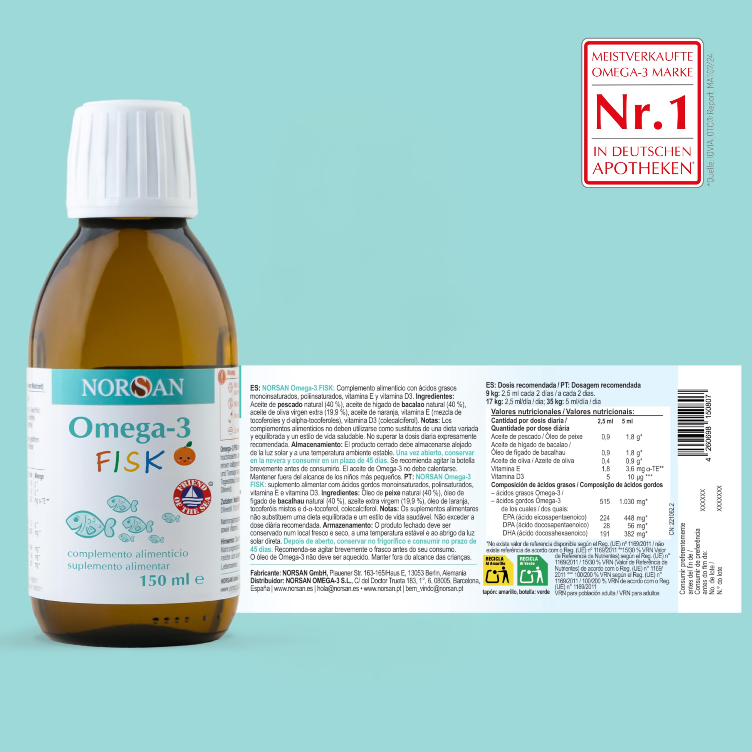 NORSAN OMEGA 3 FISK hautement dosé 150 ml/oméga-3 pour enfant 1.120mg par dose journalière/omega 3 enfant avec EPA & DHA/dose journalière 1 cuillère à café huile de poisson